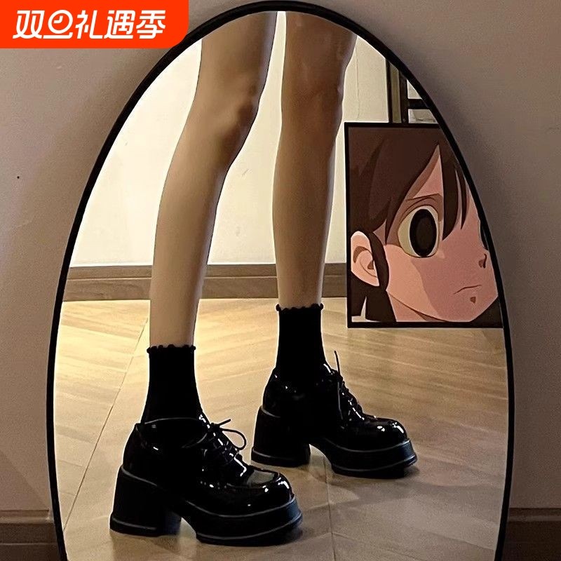 黑色厚底小皮鞋女秋季增高粗跟玛丽珍鞋松糕圆头高跟一脚蹬乐福鞋