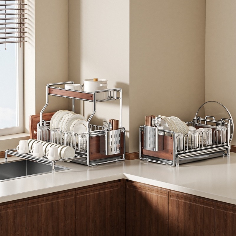 中古风碗碟沥水厨房多功能家用碗盘碗筷纳台面沥水架抽拉橱柜筷子