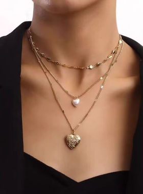 欧美爱心珍珠项链女甜酷风多层叠戴气质颈链复古个性桃心锁骨链潮
