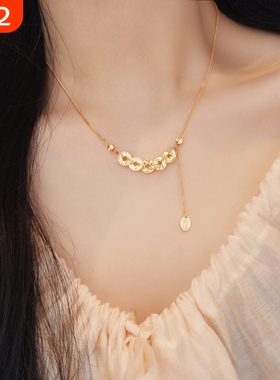 S925纯银碎碎冰金色五帝钱币项链吊坠新中式古法精致招财进宝手链