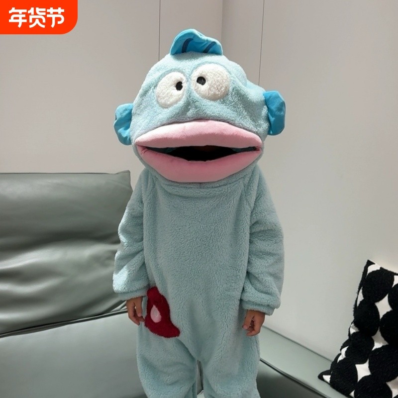 丑鱼儿童可爱搞怪连体睡衣女孩睡裙亲子装秋冬季加厚珊瑚绒大嘴鱼
