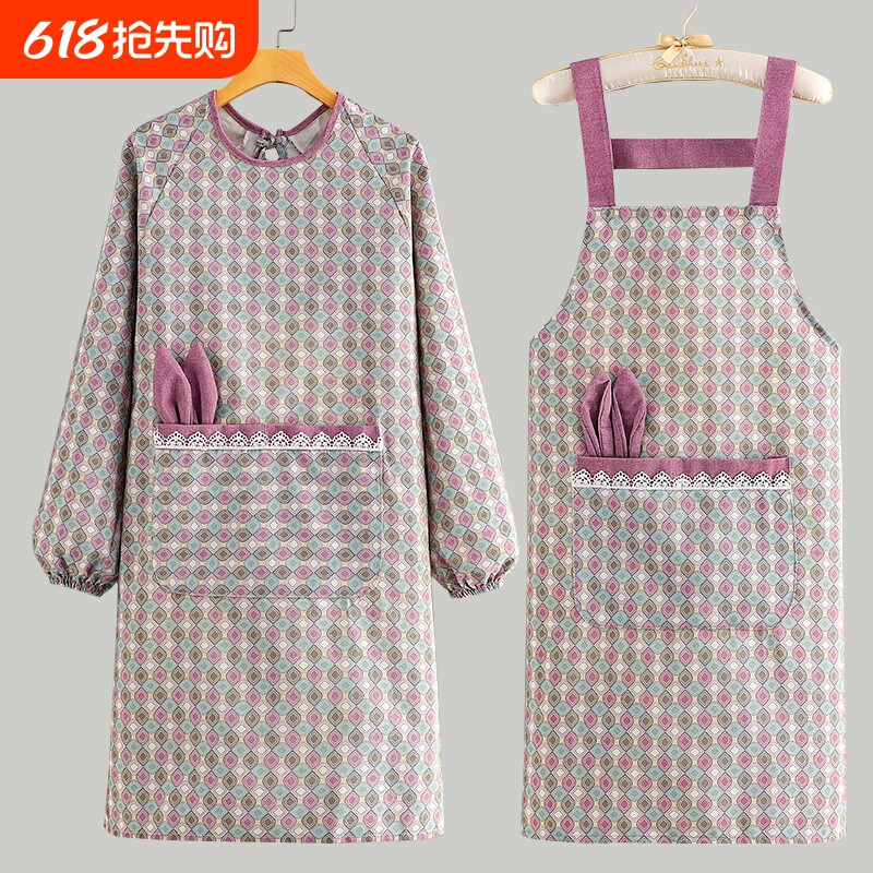 新款家用厨房做饭围裙长袖罩衣工作服上班洋气可围腰防水防油帆布