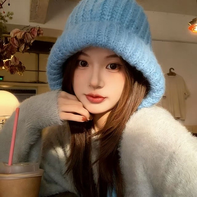 蓝色护耳巴拉克拉法帽子女冬季秋冬天新款大头围保暖针织毛线帽红