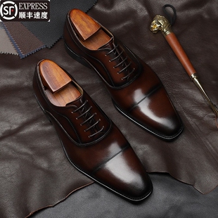英伦男士商务正装皮鞋2025新款真皮方头牛津鞋手工结婚三接头男鞋