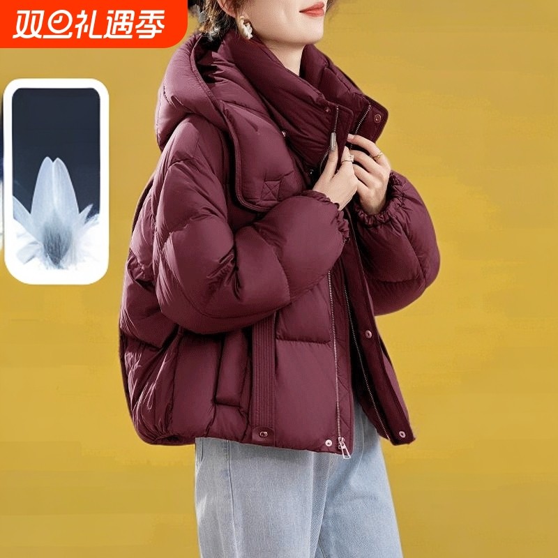 安可拉红短款羽绒服女冬季2025年新款爆款高端小个子连帽保暖黑色