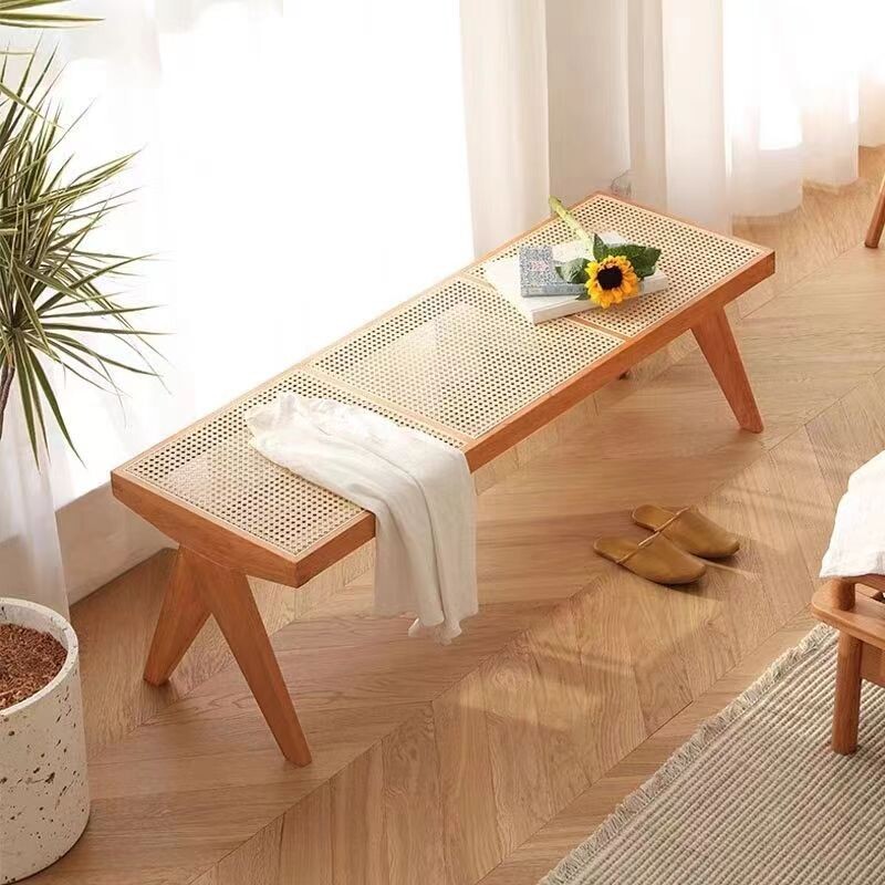 cc卧室实木藤编长条凳折叠户外家具客厅餐厅民宿家用换鞋凳中古凳