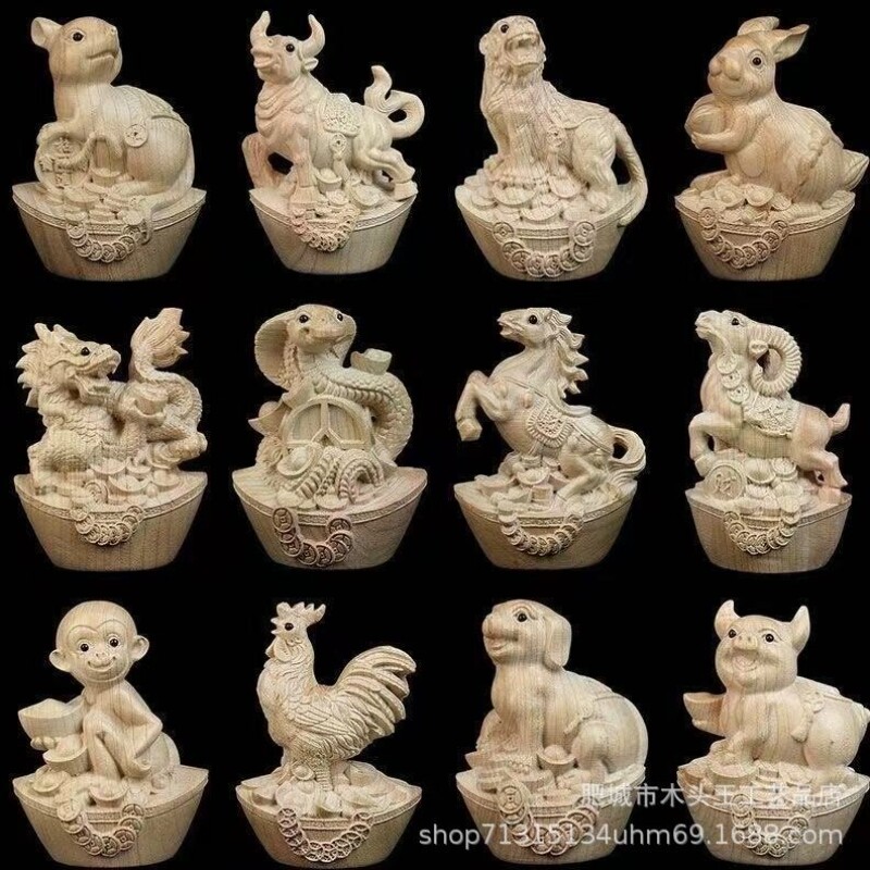 桃木雕刻十二生肖木雕工艺品摆件手把件鼠牛虎兔龙蛇马羊猴鸡狗猪