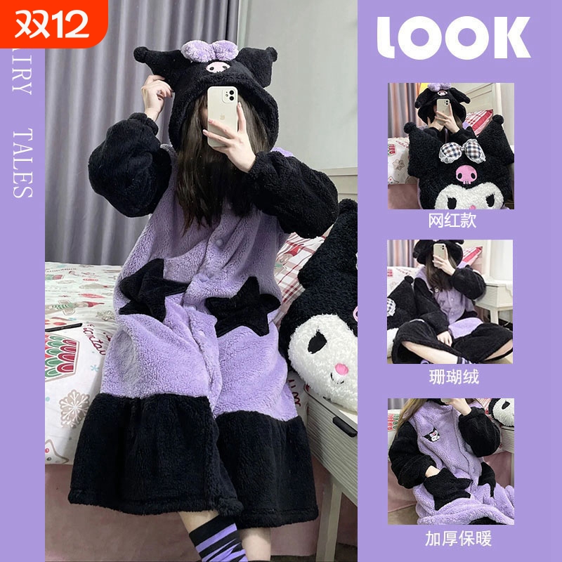 睡衣女春秋款珊瑚绒睡袍套装情侣