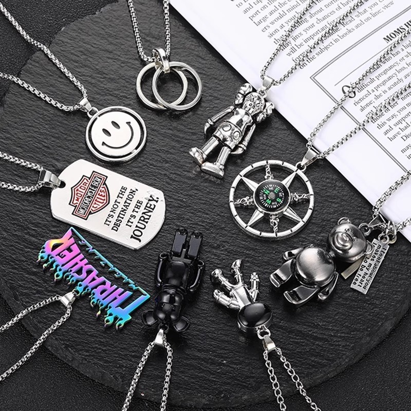 欧美轻奢可旋转笑脸钛钢项链男女个性百搭男潮笑脸吊坠毛衣链项链