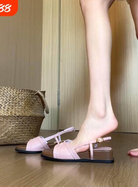法式复古绝美粉色厚底罗马凉鞋女2026新款夏季配裙子一字带凉拖鞋