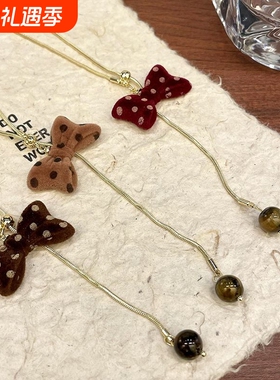 红色波点蝴蝶结抽拉项链秋冬小众设计可爱毛衣链超好看独特配饰