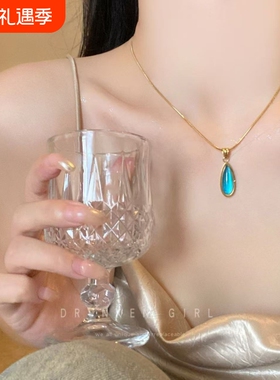 蓝色海洋~复古水滴吊坠项链女清冷高级感轻奢锁骨链气质百搭配饰