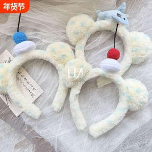 可爱蓝色波点毛绒小熊耳朵发箍女洗脸敷面膜头箍拍照道具头饰发卡