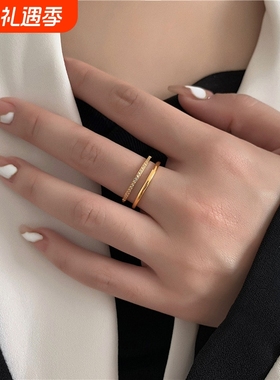 镂空双层微镶钻情侣戒指 韩版时尚简约镀金食指指环批发