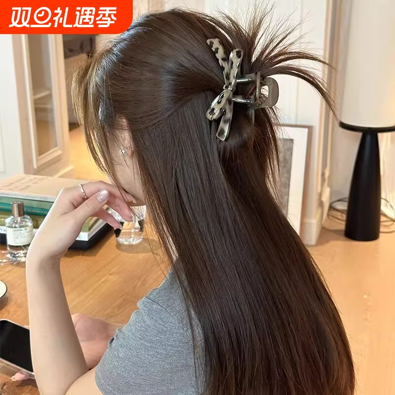 韩系半扎发蝴蝶结抓夹女高级感豹纹鲨鱼夹超大号发夹气质头饰发卡