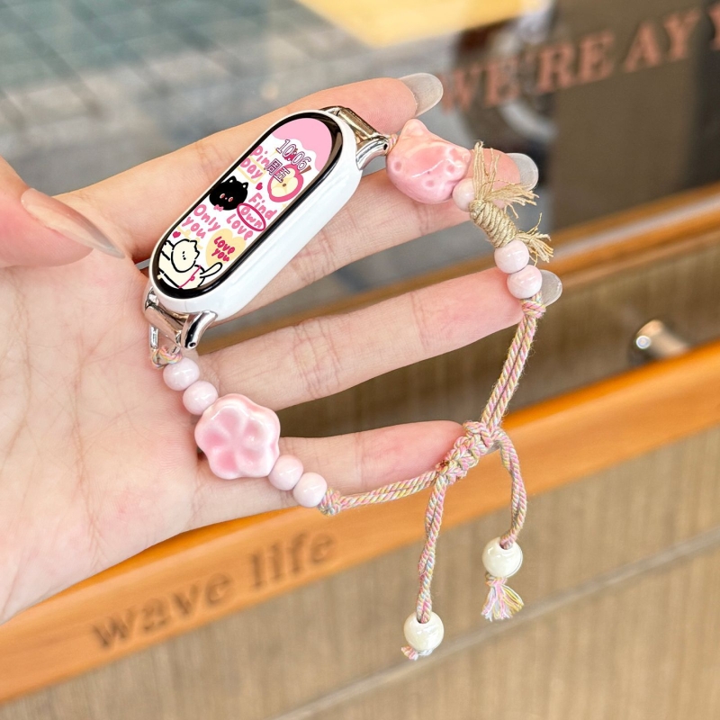 适用小米9手环表带小米10新品手表8nfc夏天腕带陶瓷版女生7电子智能6串珠粉色花朵猫咪5/4高级感XL