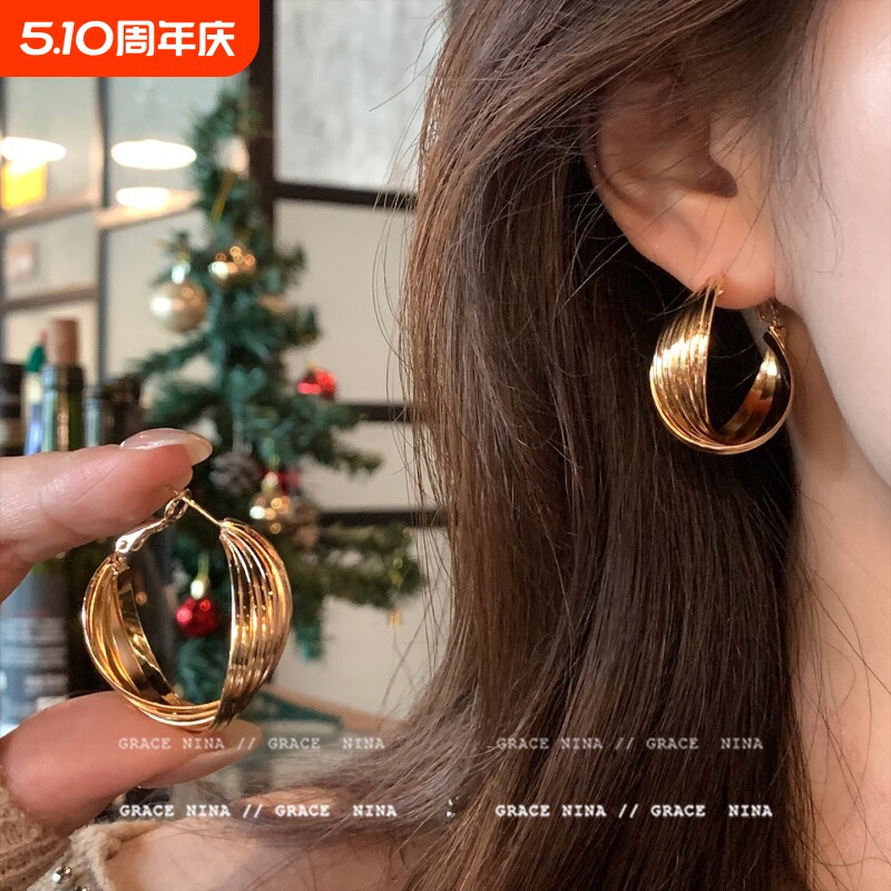 小众轻奢港风圆圈耳环女复古气质18K金耳饰高级感冷淡风耳圈新款