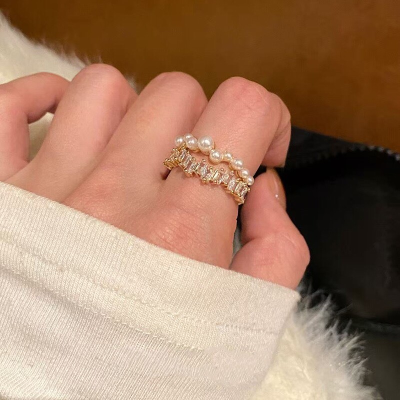 锆石珍珠双层金属开口戒指女轻奢复古显白精致时尚百搭指环戒指