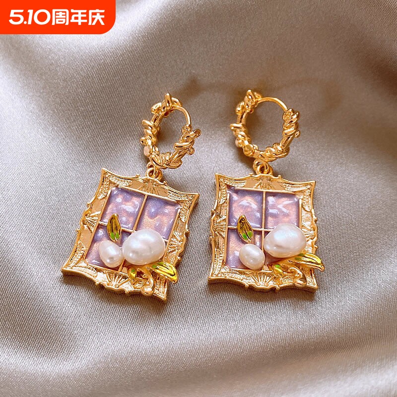 莫奈花园金色耳环紫色油画风耳钉轻奢小众设计高级感独特耳扣耳饰