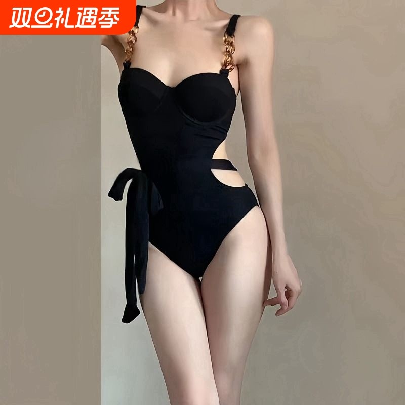 黑色高级感辣妹连体2024新款泳衣女小胸钢托聚拢遮肚冬泡温泉纯欲