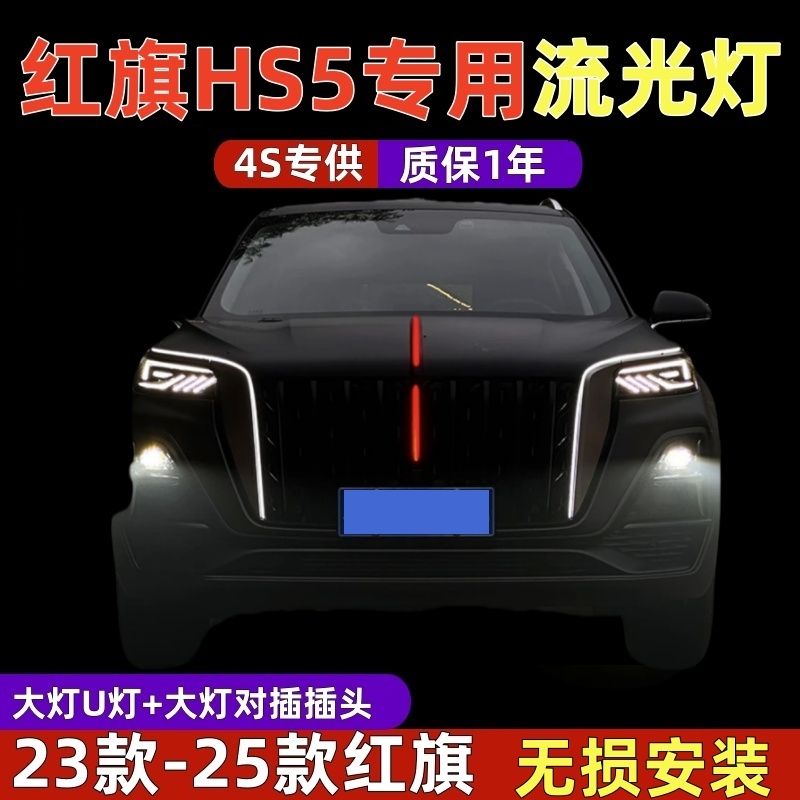 23-25款中网机盖旗标流光灯红旗HS5龙须钻石侧门灯熏黑灯光多模式