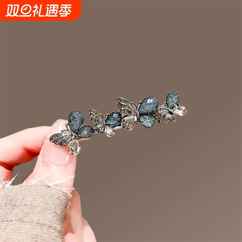 高级感时尚琉璃水钻蝴蝶发夹女新款侧边刘海夹子简约碎发鸭嘴夹子