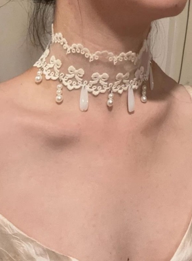 「未拆情书」复古蕾丝蝴蝶结珍珠项链宫廷风超好看独特漂亮锁骨链