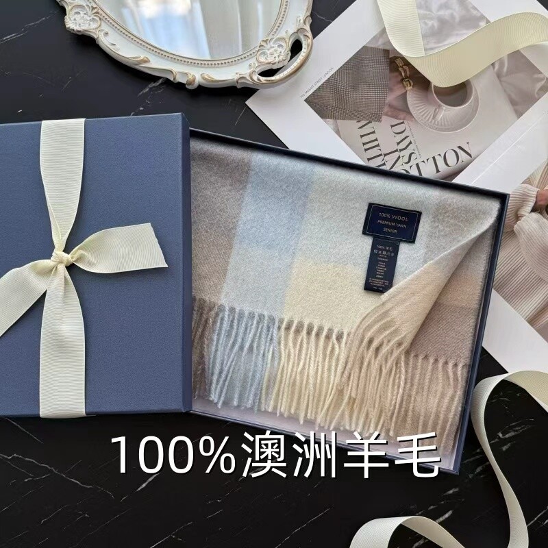 100%澳洲纯羊毛格子围巾2025新款男女学生冬季生日礼物秋冬款