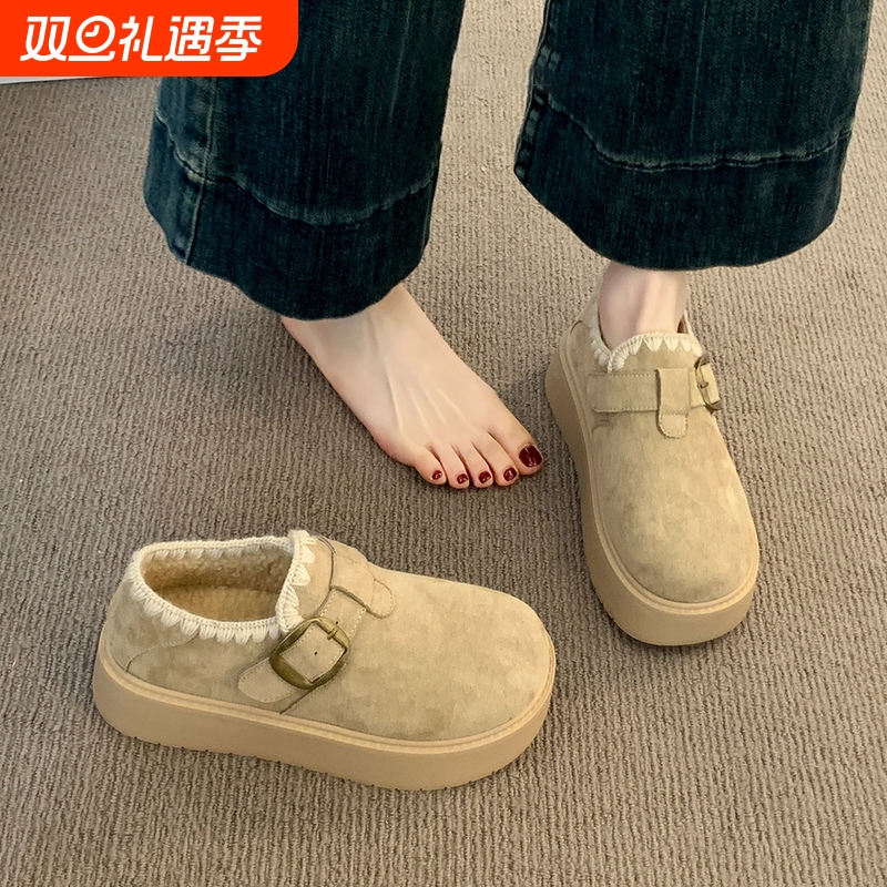 厚底勃肯鞋女2025新款秋冬加绒豆豆鞋保暖雪地靴一脚蹬棉鞋子毛绒