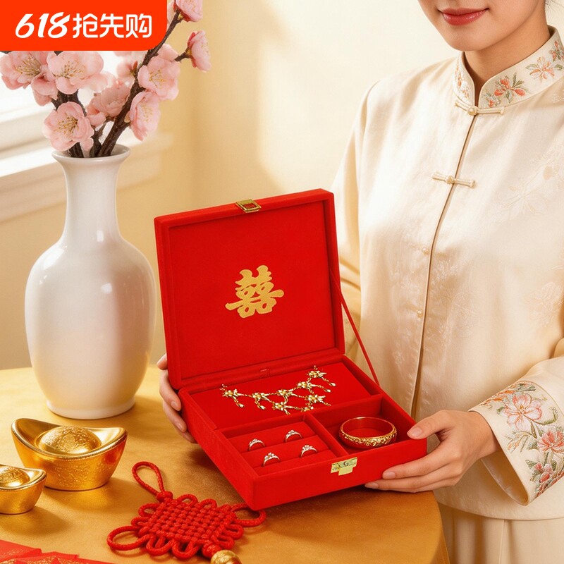 中式婚礼嫁妆盒礼金盒下聘手镯陪嫁黄金首饰盒结婚用品珠宝戒指