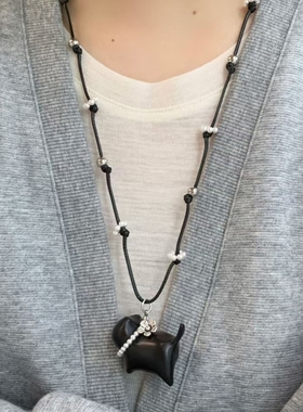 黑猫记 花朵珍珠编绳项链小众设计独特可爱ins毛衣链小众设计