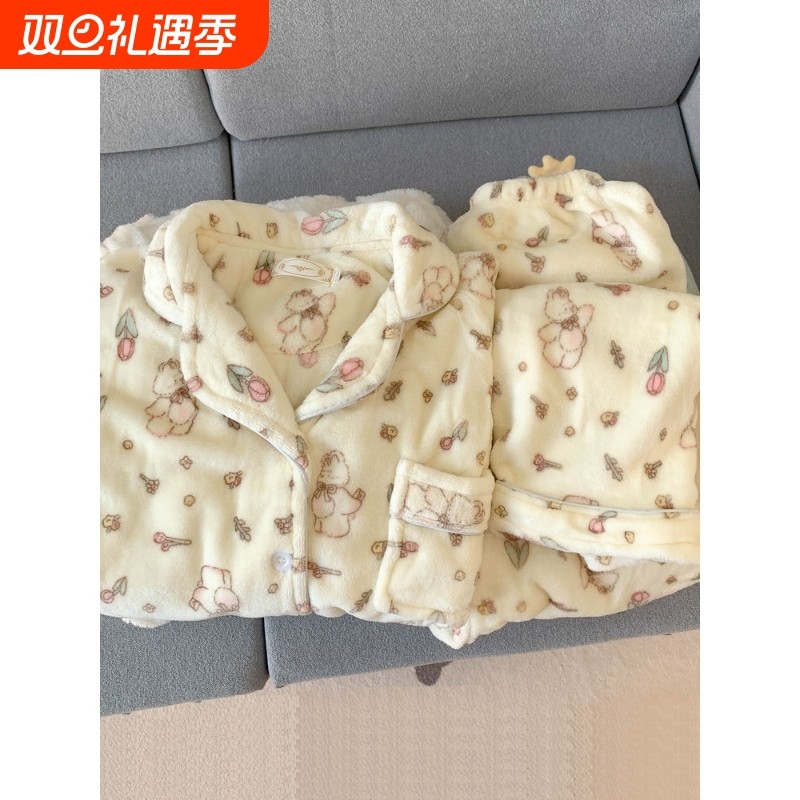 红豆田园碎花小兔子大码睡衣女秋冬款法兰绒可爱加厚保暖珊瑚绒家