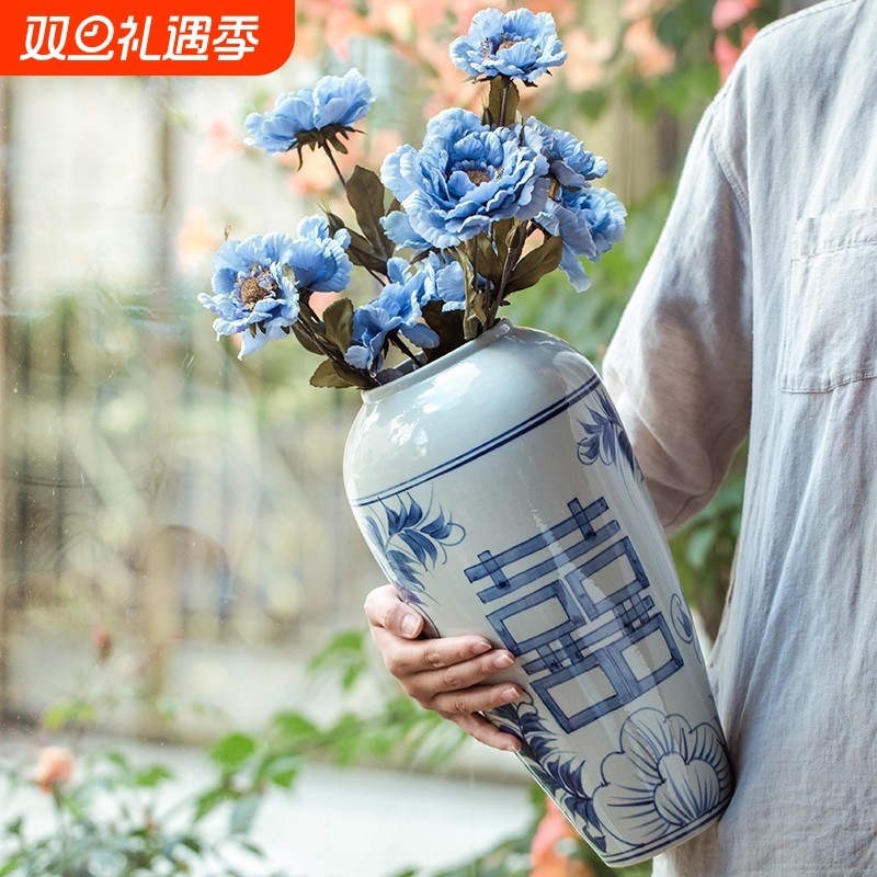 青花瓷花瓶景德镇陶瓷器花瓶插花喜字仿古中式家居客厅小装饰瓷瓶