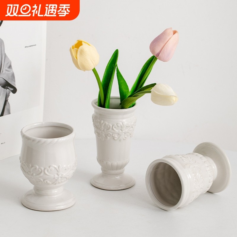 复古浮雕北欧陶瓷花瓶装饰干花客厅电视柜餐桌大口径水培插花摆件