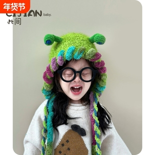 儿童帽子秋冬季宝宝保暖针织帽男童女童毛线帽女宝护耳帽绿色毛绒
