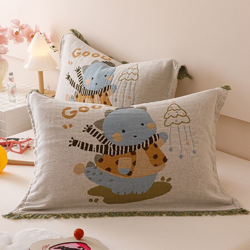 全棉卡通流苏款四层纱布枕巾防头油棉纱吸汗透气枕头垫巾四季可用