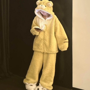 小老虎珊瑚绒睡衣女款秋冬季加绒加厚保暖大码连帽家居服甜美薄款