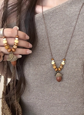 复古民族风橡果吊坠项链女2025新款爆款新中式古风长款毛衣链配饰