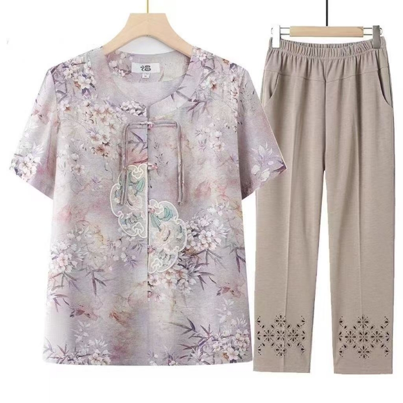 妈妈夏装套装中老年国风女装衣服中老年人母亲节夏季衬衫短袖上衣