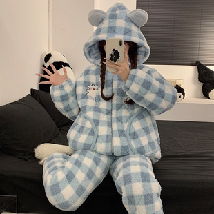 睡衣女冬季珊瑚绒加厚加绒三层夹棉袄冬天女生家居服套装外出薄款