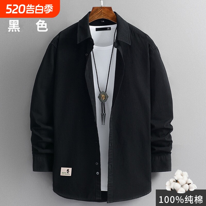 美式复古纯棉衬衫男春秋季宽松潮流ins港风百搭长袖上衣