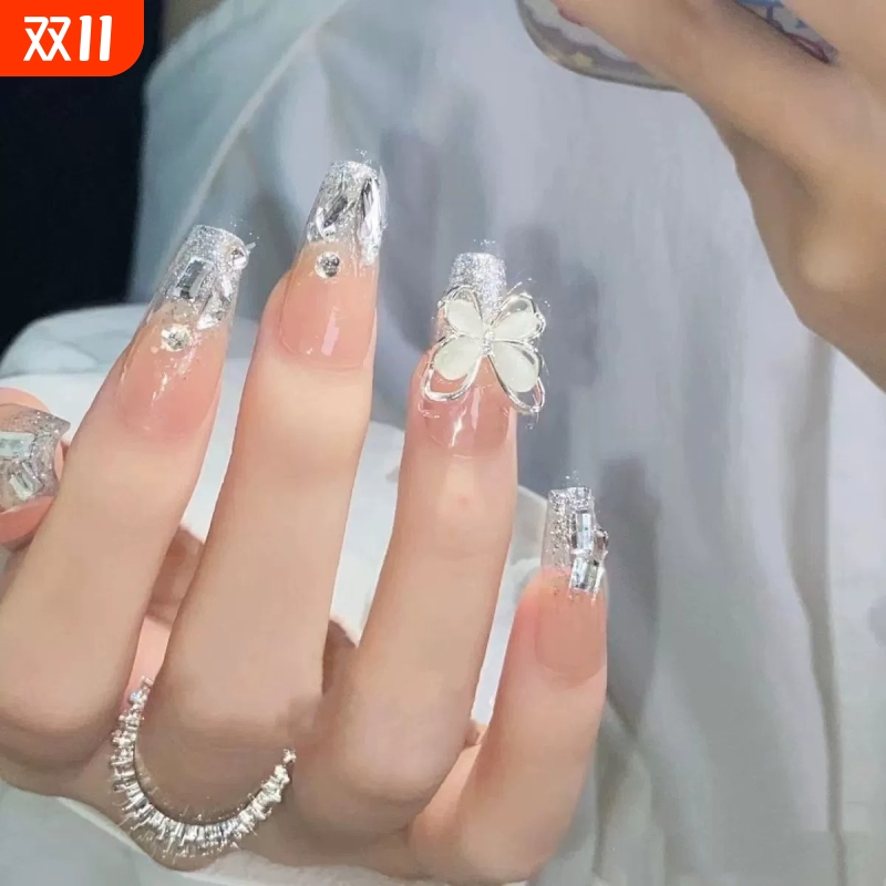 穿戴甲中长款穿戴高级感甲片大蝴蝶假美甲片固态蝴蝶结法式带钻