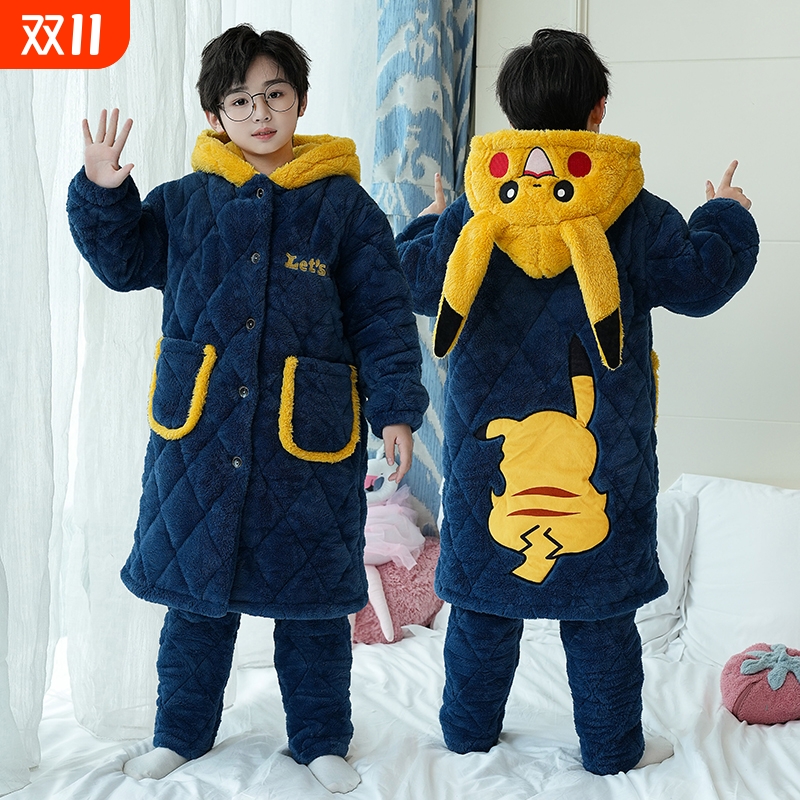 男童睡衣秋冬季法兰绒加厚夹棉睡袍皮卡丘男孩儿童家居服套装三层