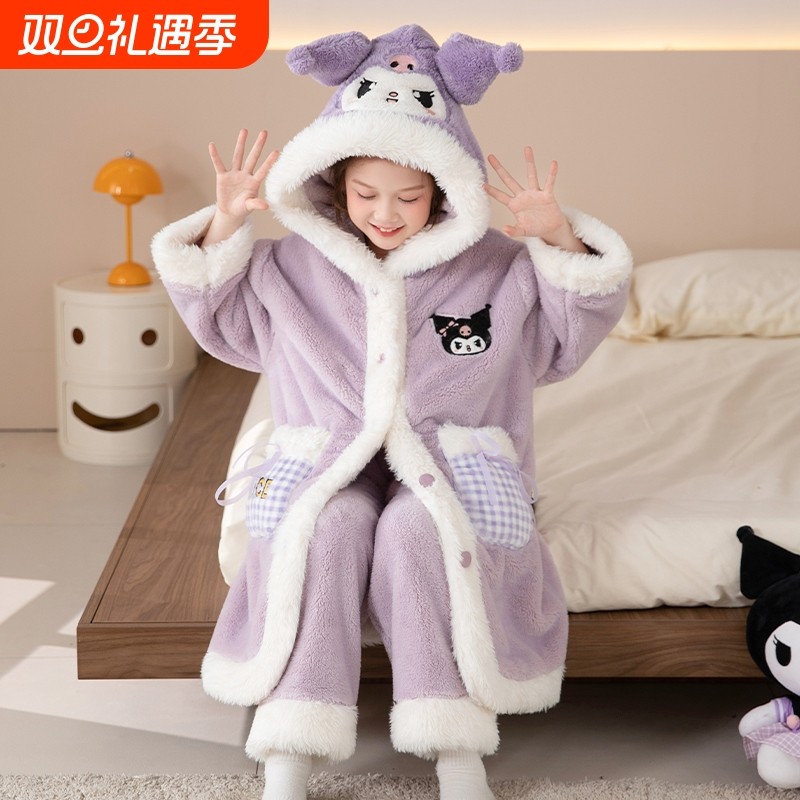 女童睡袍儿童秋冬季家居服女套装