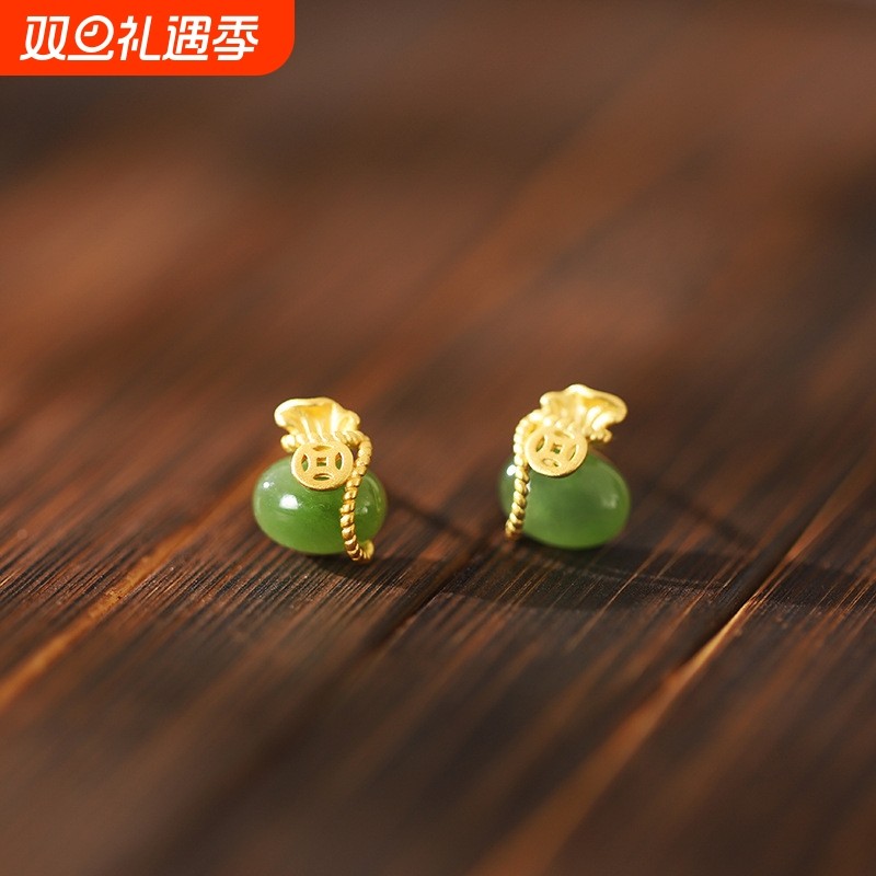 悦心S925纯银镀金镶嵌和田玉个性气质福袋钱袋复古个性女耳钉