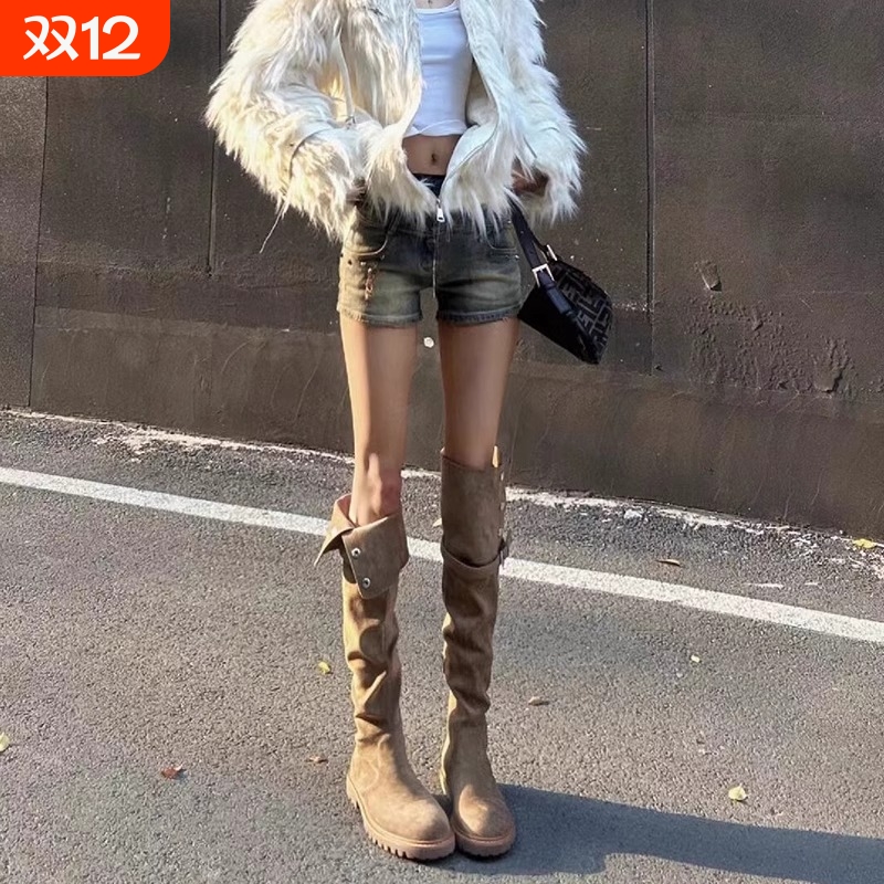 热风圈牛皮版~两穿过膝长筒靴棕色靴子女款春秋长靴2024新款高筒