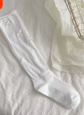 棉纱白色袜子女堆堆袜春夏季薄款中筒芭蕾风蝴蝶结小腿袜