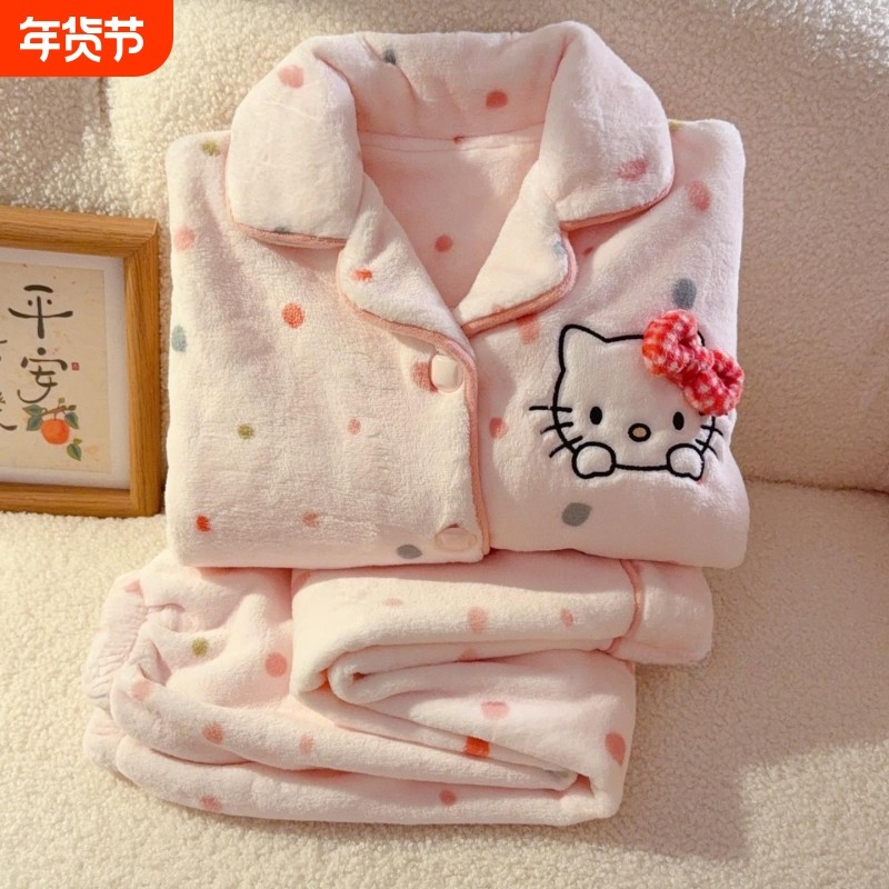 圆点卡通KT猫珊瑚绒睡衣女童冬季加厚保暖女孩中大童家居服居家