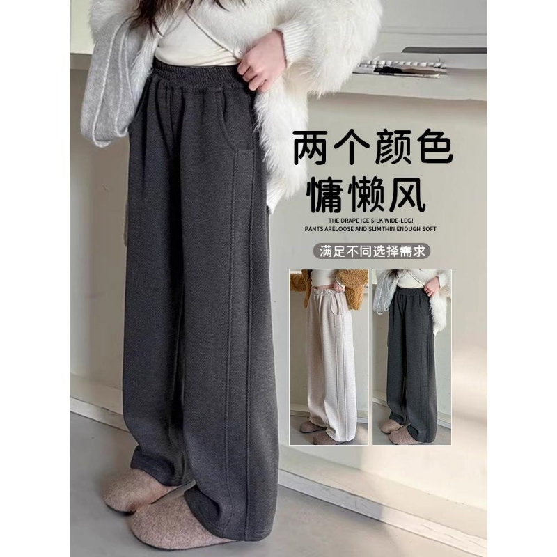 女童加绒糯米裤秋冬2025新款儿童人字纹加厚弯刀裤阔腿裤松紧腰