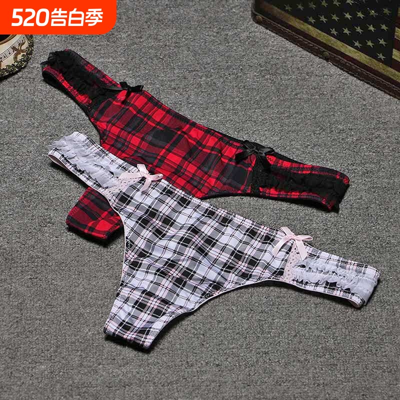 英伦风格子丁字裤女 纯欲风蝴蝶结蕾丝绑带性感T裤无痕内裤